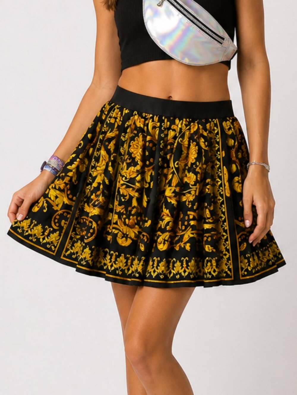 Black Gold Baroque Print Skater Skirt High Waist Luxury Style Size 9Y